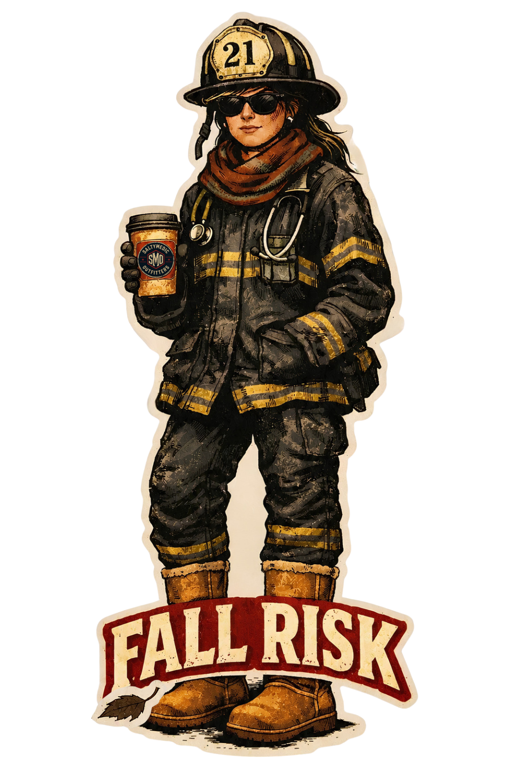 A die-cut sticker or graphic featuring an illustrated firefighter in dark turnout gear with reflective yellow stripes, a helmet marked 21, sunglasses, a scarf, boots, and a coffee cup. Below the figure is a red and cream banner reading FALL RISK on a plain white background.