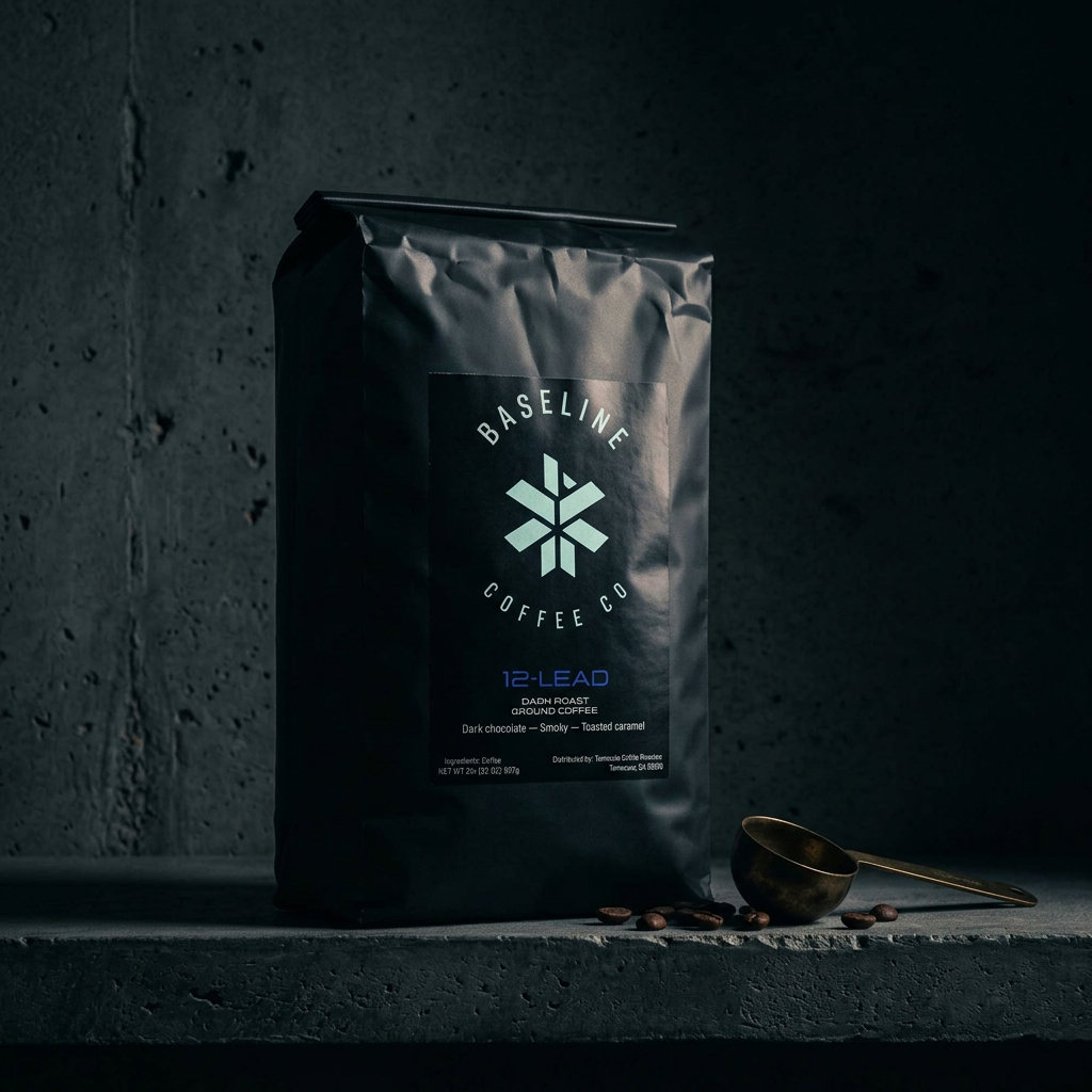 A matte black bag of Baseline Coffee Co. 12-Lead dark chocolate coffee stands on a dark stone surface with scattered coffee beans and a small brass scoop nearby.